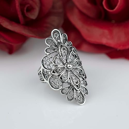 Filigranist 925 Sterling Silver Artisan Made Handcrafted Lace Embroidery Filigree Art Women Cocktail Statement Ring - style: Long