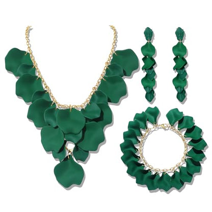 MOLOCH Flower Jewelry Sets for Women Rose Flower Petal Necklace Earrings Bracelets Set Layered Statement Accessories Summer Beach Party Jewelry Gifts - color: Green