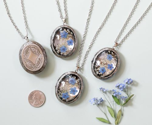 Handmade Oval Shaped Photo Locket with dried Pressed Flowers Locket pendant Necklace - style: OvalForgetMeNot-Silver