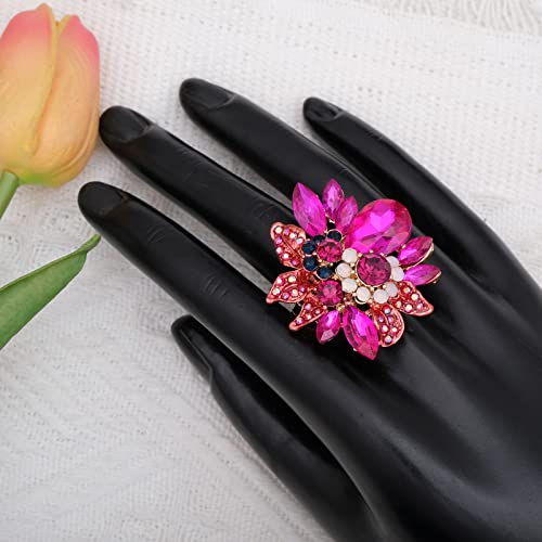 CSY Luxury Froral Cocktail Statement Rings Stretch Adjustable Ring | Gorgeous Women's Austrian Crystal Leaves Flower Big Cocktail Statement Rings Stretch Adjustable Ring Jewelry Accessories - color: hot pink crystal-gold tone
