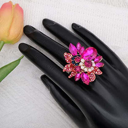 CSY Luxury Froral Cocktail Statement Rings Stretch Adjustable Ring | Gorgeous Women's Austrian Crystal Leaves Flower Big Cocktail Statement Rings Stretch Adjustable Ring Jewelry Accessories - color: hot pink crystal-gold tone