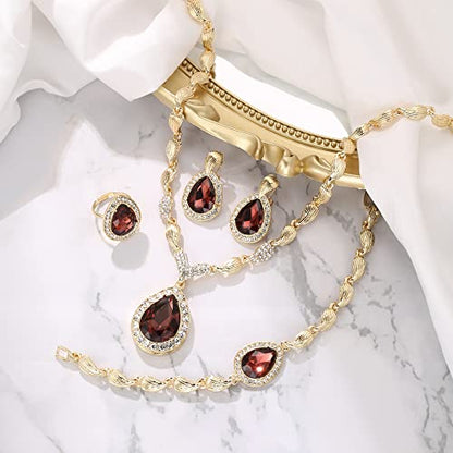 Womens Africa 18k Gold Plated Jewelry Set Crystal Rhinestones Petals Teardrop Cluster Bib Statement Necklace Link Bracelet Dangle Earrings Ring for Prom - color: 04-Amethyst Color Gold-Plated-Base