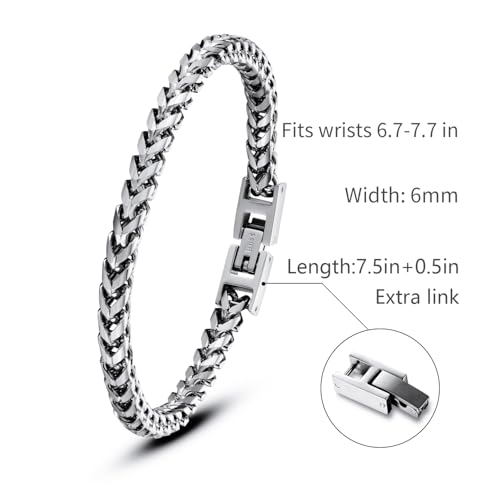Mens Bracelet - Stainless Steel Fold Over Clasp Franco Chain Bracelets for Men - color: G-Silver