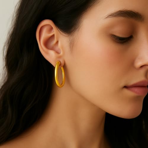 Gold Clip On Spring Hoop Earrings for Women - 14K Chunky Non Pierced Earring Plated Hoops Drop Dangle Earrings No Piercing Jewelry - color: Gold