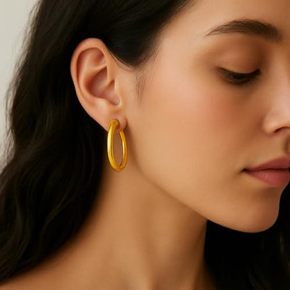 Gold Clip On Spring Hoop Earrings for Women - 14K Chunky Non Pierced Earring Plated Hoops Drop Dangle Earrings No Piercing Jewelry - color: Gold