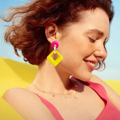 70s 80s Vintage Resin Neon Square Dangle Drop Earrings Simplicity Acrylic Hollow Round Circle Geometry Stud Earrings for Women - style: Rose Red Yellow