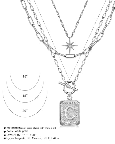 MJartoria Layered Initial Necklaces for Women | 14K Gold Plated Brass, Star Choker, Square Letter Pendant, Paperclip Chain - color: Silver, style: C