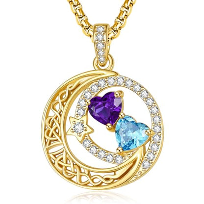 14K Gold Moon and Star Double Birthstone Necklace Gifts for Women | 2 Heart Birthstone Necklace,Mothers Day Wedding Anniversary Birthday Gifts for Wife Mom Daughter Grandma Sister - color: 02-03-Feb-Mar Birthstone