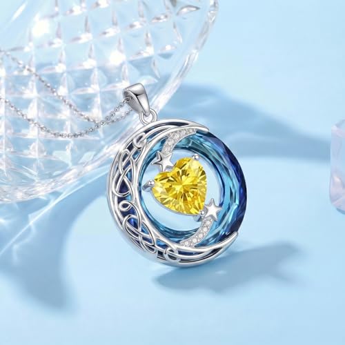 Birthstone Necklace for Women Crystal Moon and Star Pendant White Gold Celtic Moon Jewelry Birthday Graduation Gifts for Wife Her - style: Moon-11