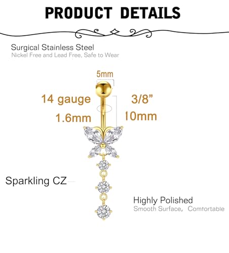 Silver Gold Belly Button Ring for Women Clicker Hoop Belly Rings Opal Navel Piercing Jewelry Dangle Hypoallergenic Surgical Steel Dainty Dangling Navel Rings for Women - color: F4-dangle-gold-3p