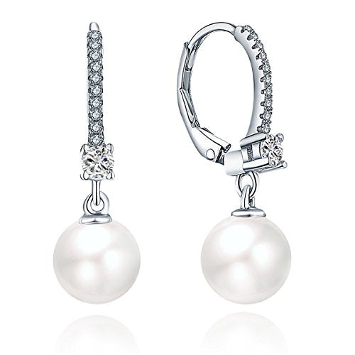 JO WISDOM 925 Sterling Silver Freshwater Pearl Hoop Earrings with Dangle Real Pearl,Simulated Pearls - color: B-8mm white pearl,round shape