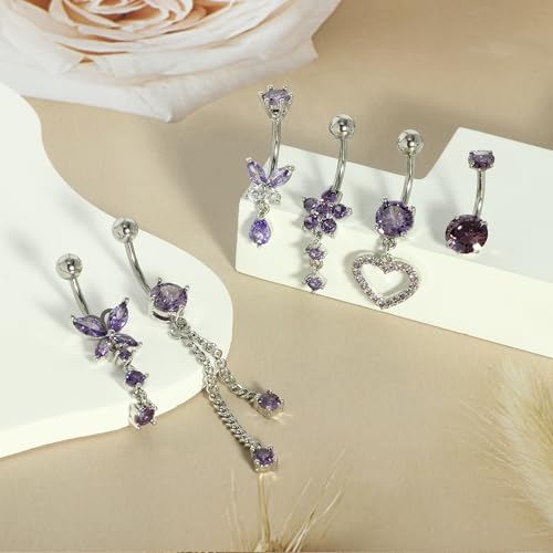 TIANCI FBYJS Surgical Stainless Steel Dangle Belly Button Rings for Women Belly Ring Dangling Piercing Jewelry with Heart Flower Butterfly Silver 14G - color: purple