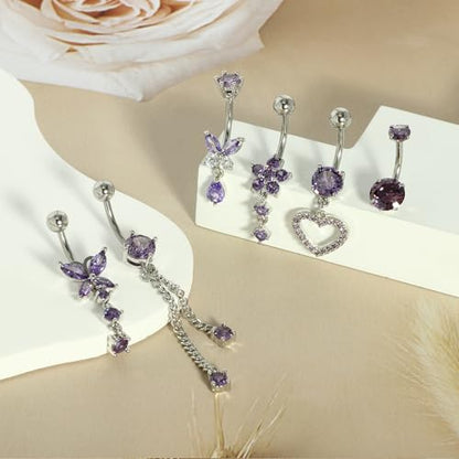 TIANCI FBYJS Surgical Stainless Steel Dangle Belly Button Rings for Women Belly Ring Dangling Piercing Jewelry with Heart Flower Butterfly Silver 14G - color: purple