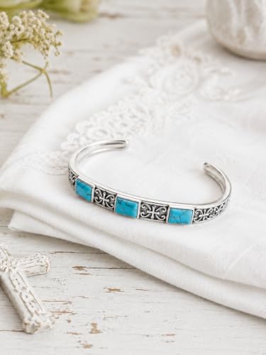 Native American Genuine Turquoise Cuff Bracelet for Women, 925 Sterling Silver Turquoise Boho Bangle, Adjustable Open Cuff Fits 6-7.5 Inches - style: Cross