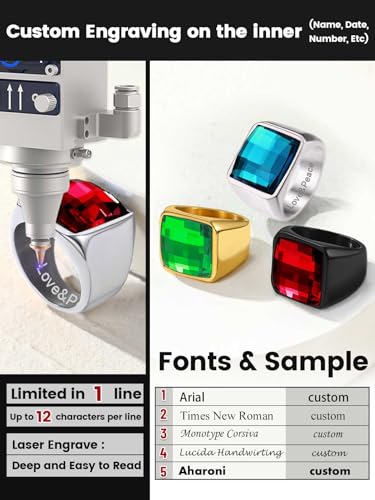 KeyStyle Square Gemstone Signet Rings for Men, Personalized Stainless Steel Pinky Ring with Black Onxy Blue Topaz Birthstone Statement Ring - color: 316L Stainless Steel-Custom Stone-15mm