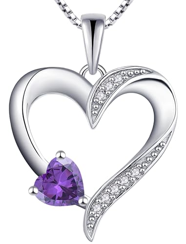 YL Heart Necklace 925 Sterling Silver Love Heart Pendant Birthstone Jewelry for Women - color: 02-amethyst-Feb