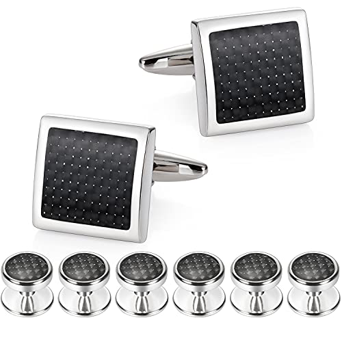 Mens Cufflinks and Tuxedo Studs Set in Gift Box (Carbon Fiber), Jewelry or Accessories in Gold Silver Black Tone, Matching with Shirts Vest and Bow tie, Suitable for Birthday Wedding Anniversary - color: Black / Silver Tone
