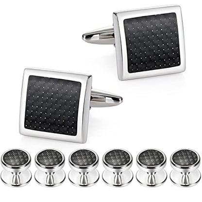 Mens Cufflinks and Tuxedo Studs Set in Gift Box (Carbon Fiber), Jewelry or Accessories in Gold Silver Black Tone, Matching with Shirts Vest and Bow tie, Suitable for Birthday Wedding Anniversary - color: Black / Silver Tone
