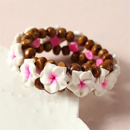 Hawaiian Plumeria Rubra Wooden Beaded Bracelet for Women Boho Polymer Clay Plumeria Flower Stretch Bracelet Summer Beach Jewelry - color: White+Pink