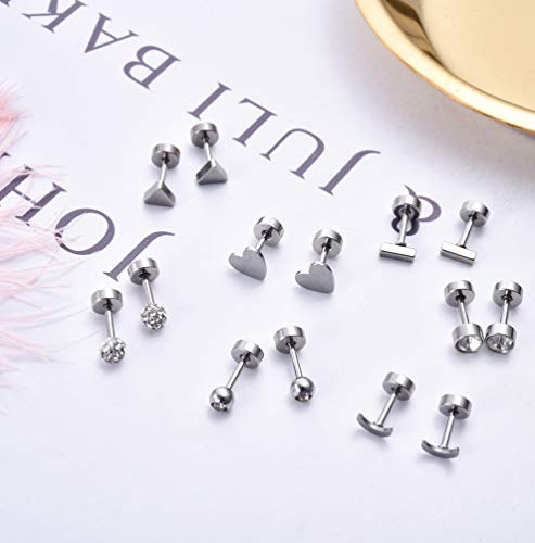18Pairs 20G 18G Stainless Steel Tiny Stud Earrings for Women Cartilage Helix Earrings Ball Star CZ Earrings - color: Sliver, size: 18G