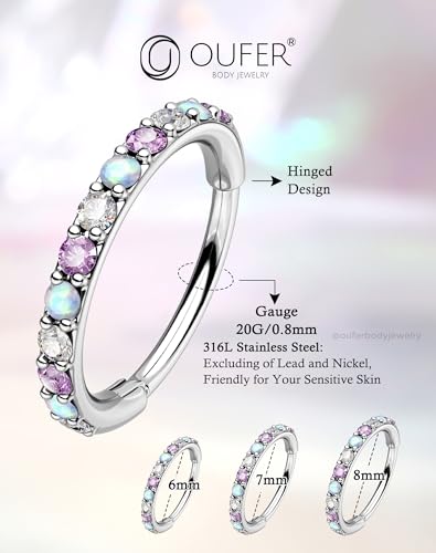 OUFER Opal and CZ 20G Nose Rings Hoops, 316L Surgical Steel Hinged Segment Nose Piercing Jewelry, Septum Lip Eyebrow Rings Cartilage Conch Rook Helix Tragus Daith Earrings For Women and Men-6/7/8MM - color: Purple CZ