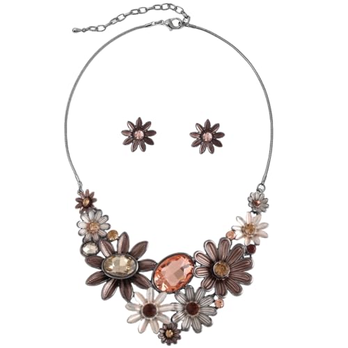 Chunky Statement Jewelry Set Vintage Retro Leaf Flower Floral Geometric Bohemian Boho Bib Necklace Earring Set Fashion Costume Jewelry for Women Girls Wedding Party Prom Unique Gift - style: sunflower crystal JS black brown
