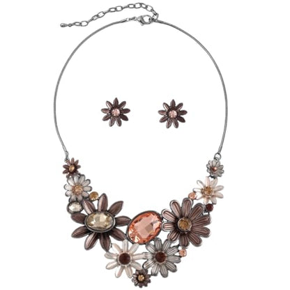 Chunky Statement Jewelry Set Vintage Retro Leaf Flower Floral Geometric Bohemian Boho Bib Necklace Earring Set Fashion Costume Jewelry for Women Girls Wedding Party Prom Unique Gift - style: sunflower crystal JS black brown