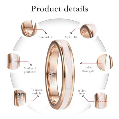 Vakki 4mm 6mm Womens Rose Gold Tungsten Carbide Ring with Mother of Pearl Shell/Marble Inlaid Wedding Band Comfort Fit Size 5-12 - color: A-4mm-Mother of Pearl