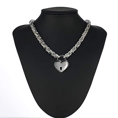 Heart Padlock Collar Stainless Steel Lock Necklace Byzantine Chain Necklace Locking Collar Choker for Men Women Jewelry - style: B