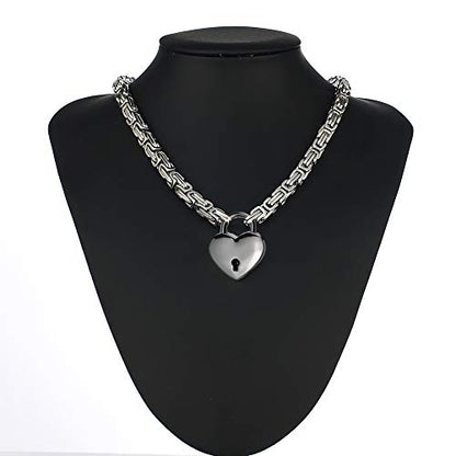 Heart Padlock Collar Stainless Steel Lock Necklace Byzantine Chain Necklace Locking Collar Choker for Men Women Jewelry - style: B