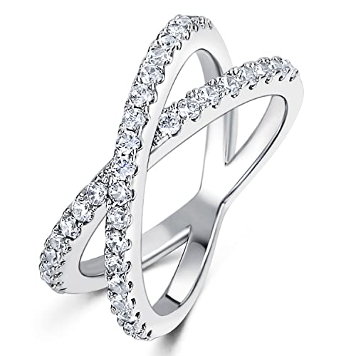 MDFUN 18K Gold Plated X Ring for Women Criss Cross Ring with Cubic Zirconia Stones Stackable Statement Ring Crossover Jewelry