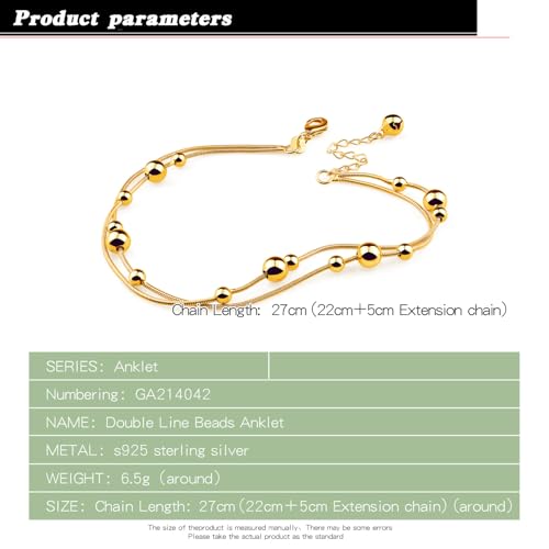 Womens Anklet 925 Sterling Silver Layered Anklet Bracelet Dainty Beaded Foot Chain Adjustable Summer 24k Gold Plated Beach Jewelry Gift - color: Snake Chain Gold