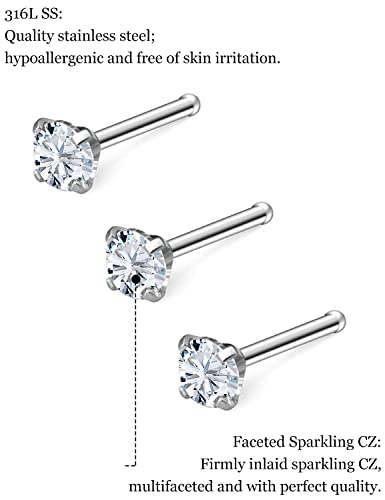 18G 20G 22G Nose Rings Studs with Cubic Zirconia 316L Surgical Steel Straight Screw L Shaped Nose Studs Piercing Jewelry for Women Men Girl CZ 1.5mm 2mm 2.5mm 3mm 20Pcs - color: A:18G L Shaped- Silver 1.5mm