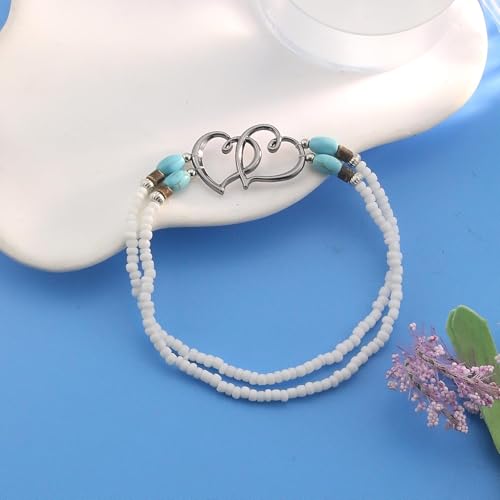 Elastic Beaded Ankle Bracelets for Women Double Heart Layered Stretch Ankle Bracelets Waterproof Dainty Boho Beaded Anklets for Summer Beach Foot Jewelry - color: White Black