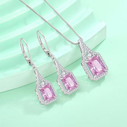 Created Gemstone Necklace 925 Sterling Silver Halo Rectangular Pendant Birthstone Necklaces Jewelry Gifts for Women - color: 10 October - Pink Tourmaline