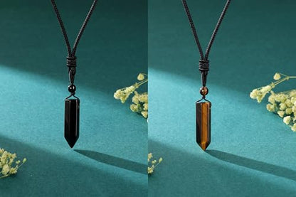 Top Plaza Healing Crystal Stone Necklaces for Men Hexagonal Pendant Necklaces Adjustable Braided Rope Natural Gemstone Necklace Jewelry Christmas Gift for Dad, Husband - color: 2pcs-Tiger Eye Stone+Black Obsidian