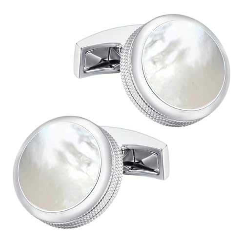 Mr.Van Men's Round Cufflinks, Classic Rhodium Plated Brass Cuff Links for Dress Shirt, Wedding, Business, Formal Occasions - color: Mother of Pearl