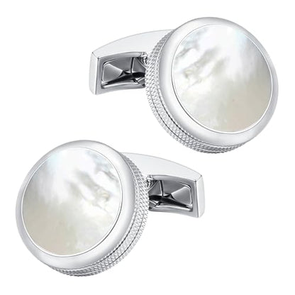 Mr.Van Men's Round Cufflinks, Classic Rhodium Plated Brass Cuff Links for Dress Shirt, Wedding, Business, Formal Occasions - color: Mother of Pearl