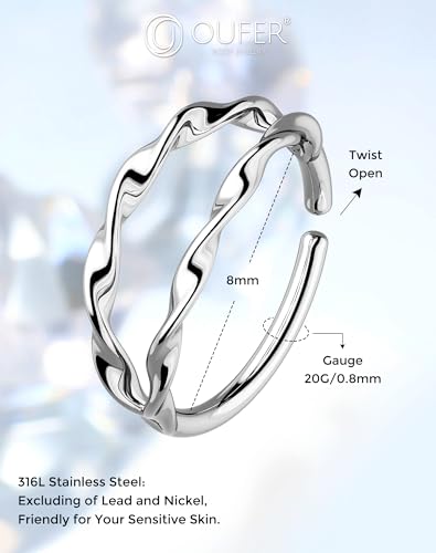 OUFER Nose Rings Silver, 20G Double Hoop 8MM Nose Rings, Seamless Stainless Steel Rook Daith Piercing Jewelry for Women & Men - style: Style8-Double Water