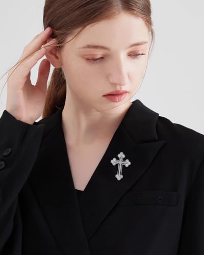 Sparkle Crystal Holy Cross Brooch for Women Men Sparkle Dainty Rhinestones Cross Lapel Pin Men's Tie Pins Christian Religious Faith Cubic Zirconia Wedding Brooches Suit Clothing Accessories Jewelry