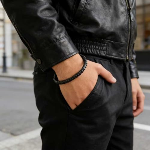 Men's Leather Bracelet, Stackable Stainless Steel Clasp Bracelets for Men Stylish Birthday, Thanksgiving, Valentine's Day Gift for My Man (8.2" Black and Golden) | Men's Accessory, Leather Band, Stainless Steel, Wrist Bracelet