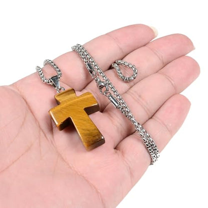 Justinstones 32mm Gemstone Carved Cross Reiki Chakra Pendant With Stainless Steel Necklace 22 Inch - color: Golden Tiger Eye