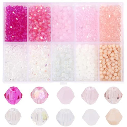 1200Pcs 4mm 10 Colors Faceted Crystal Glass Bicone Beads Loose Bead for DIY Bracelet Necklace Earring Keychain Jewelry Making,Pink - color: Pink