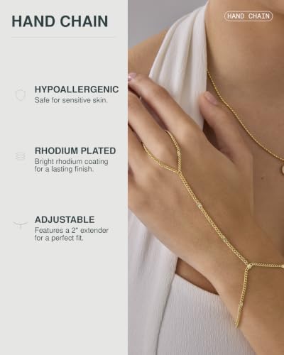 PAVOI Hand Chain Bracelet for Women, 14K Gold Plated Adjustable Ring Chain | Hand Chain Bracelet, Ring Bracelet Hand Chain, Arm & Body Jewelry - style: Crimp Chain