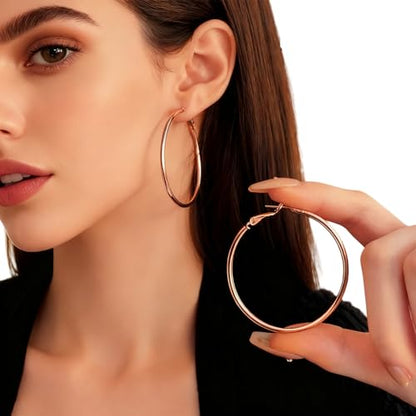 1 Pairs 60/70mm Silver 14K Gold Rose Gold Hoop Earrings for Women Hypoallergenic Stainless Steel Lightweight Big Hoops Shiny Dangle Earrings Trendy Jewelry Gifts - color: 70mm-Rose Gold Hoop Earrings