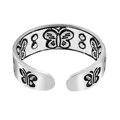 AeraVida .925 Sterling Silver Adjustable Toe Ring or Pinky Ring 5mm Wide Open Band, Stackable Minimalist Summer Foot Jewelry | Sun Moon Star Turtle Butterfly Leaf Olive Branch Ocean Wave Yin Yang Design - style: Butterfly