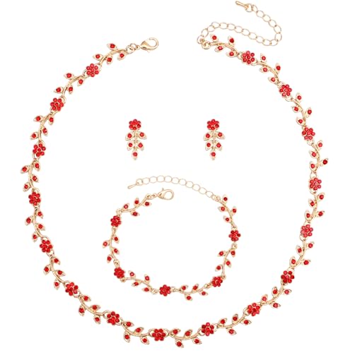 Austrian Crystal Rhinestone Choker Necklace Dangle Earring Link Bracelet Jewelry Set for Brides Bridesmaid Prom Costume Accessories for Women - color: Siam-Gold Plated