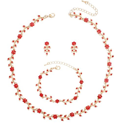 Austrian Crystal Rhinestone Choker Necklace Dangle Earring Link Bracelet Jewelry Set for Brides Bridesmaid Prom Costume Accessories for Women - color: Siam-Gold Plated