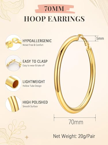 FaithHeart Silver/Black/Gold Stainless Steel Chunky Hoop Earrings for Women | Hypoallergenic Lightweight Hoop Earrings, Trendy Statement Thick Hoop, 20/30/40/50/60/70/80mm - color: Gold, size: 70mm