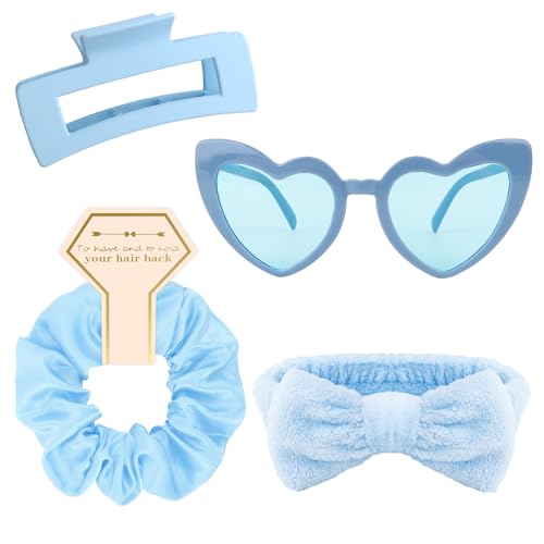 Semato 4 Pcs Blue Bridesmaid Proposal Gifts Bridesmaid Spa Headband, Hair Claw Clips, Heart Shaped Sunglasses and Smooth Satin Scrunchies - color: Blue